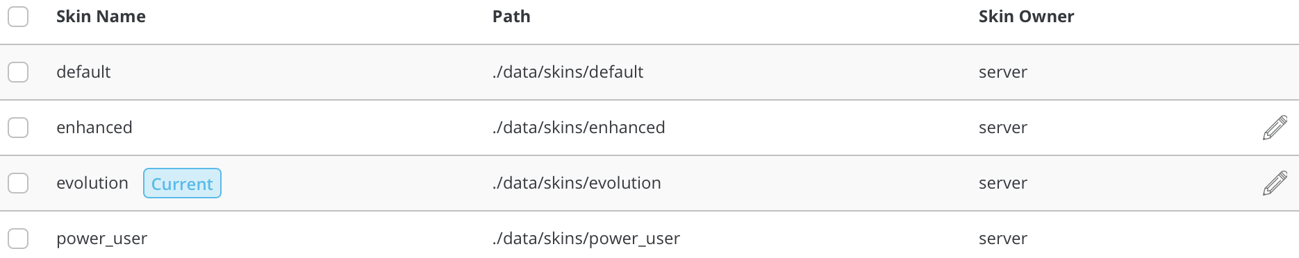 list available skins