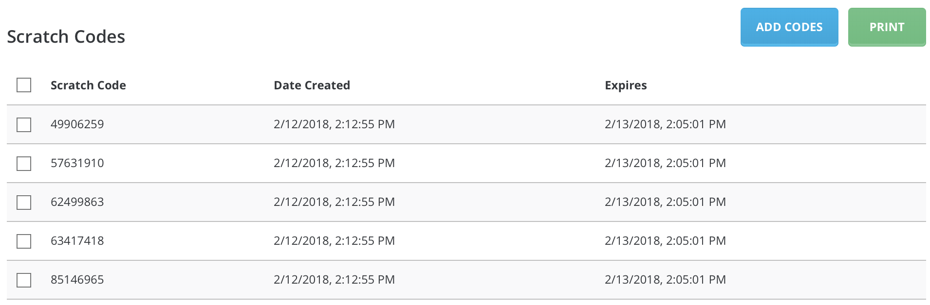 scratch codes list